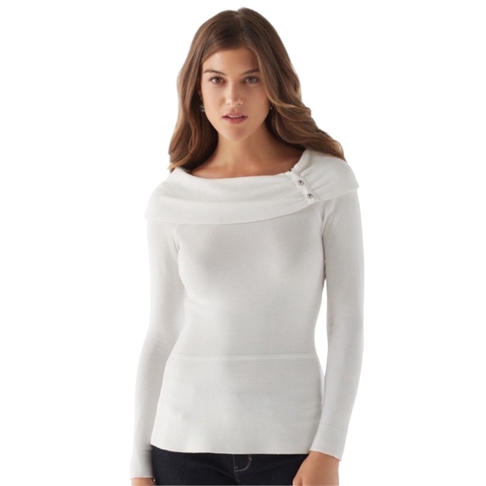 White House Black Market Ecru Cowl Neck Peplum Wool Blend Sweater 570091355‎ L